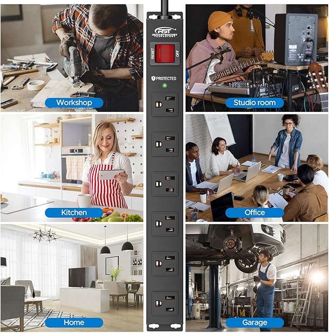 CRST 2Pack 6 Outlet Heavy Duty Power Strip with Switch, 15A/1875W Metal Mountable Power Strip Surge Protector 2100Joules, Wide Spaced Power Bar for Garage Worshop Home School, 6 FT Cord(Black)