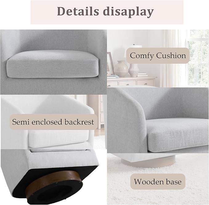 UIXE Swivel Accent Chair with Wood Base, Chenille Upholstered Barrel Chairs for Living Room, Comfy Round Armchair Single Sofa Bedroom Reading Seat - 31" W, Beige