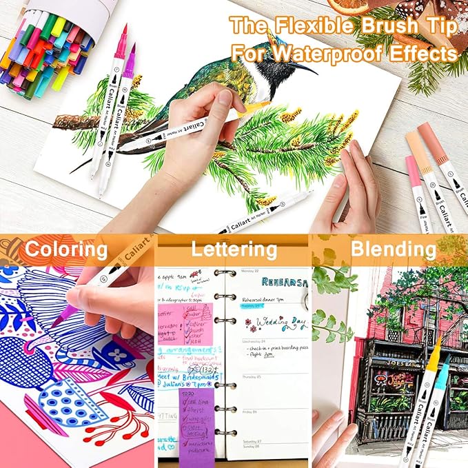Caliart 34 Double Tip Brush Pens Art Markers, Aesthetic Cute Preppy Stuff School Supplies, Artist Fine & Brush Pen Coloring Markers for Kids Adult Book Cards Drawing Craft Kit Teacher Office Supplies