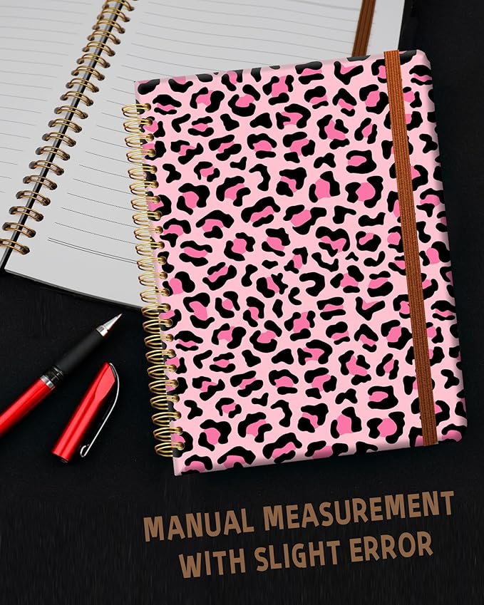 Ruled Spiral Writing Notebook,A5 Hardcover Lined College Journal for Women Lady,Fashion Puppy Watercolor Strong Twin-Wire Binding with Premium Paper,8.4" X 6",Perfect for School,Office,Home Gifts(Pink Leopard)