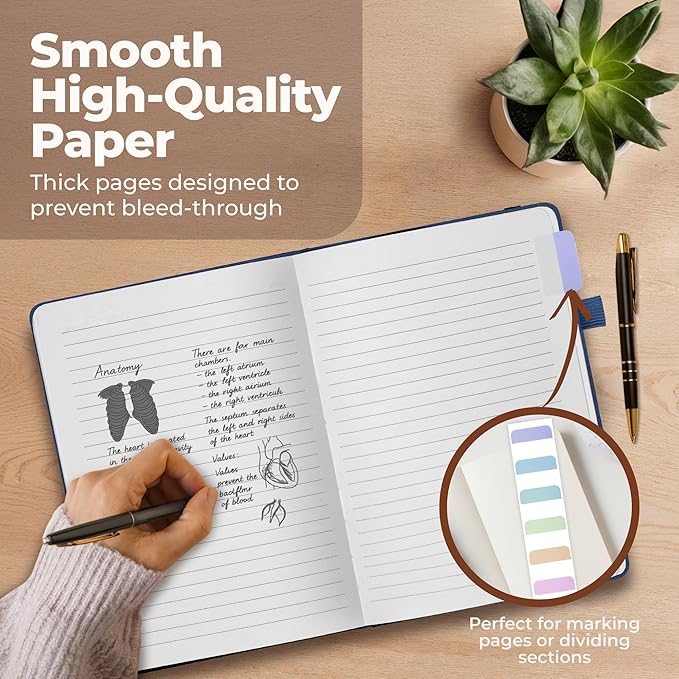 Classic Lined Journal Notebook 8.5x11" A4 Hardcover Leather - Blue - 200 Pages College Ruled Large with Sticky Tabs, Pockets, and Pen Loop for Writing and Journaling - Big Hardback Men and Women