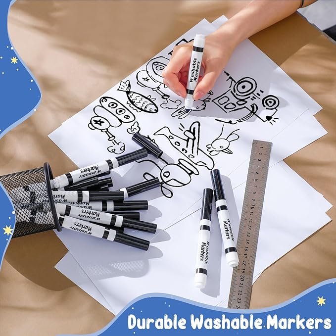 Janlaugh 60 Pcs Black Washable Markers Bulk Coloring Broad Line Markers for Kids Conical Tip Black Drawing Pens for Classroom Back to School Travel Art Baby Shower Gender Reveal Supplies, Ages 6+