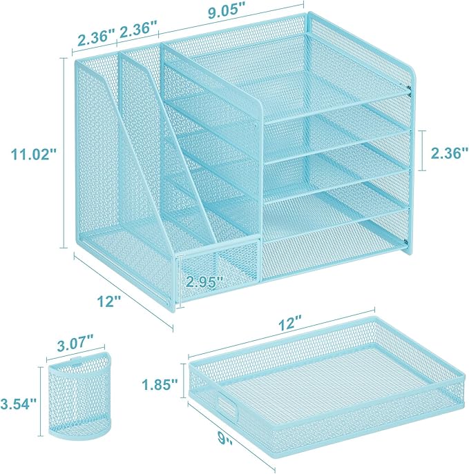 Marbrasse Desk Organizer with File Holder, 5-Tier Paper Letter Tray Organizer with Drawer and 2 Pen Holder, Mesh Desktop Organizer and Storage with Magazine Holder for Office Supplies(Blue)