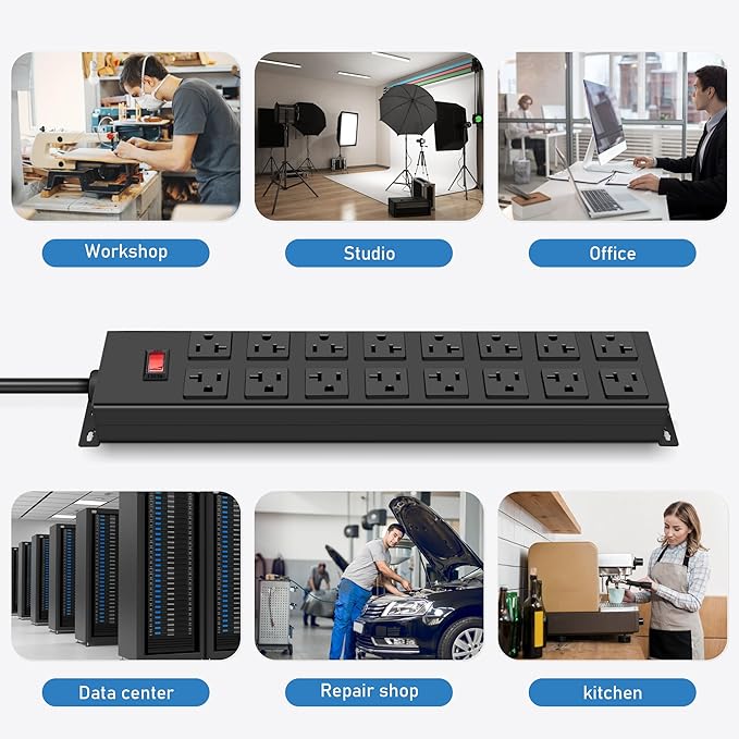 JUNNUJ Heavy Duty 20 Amp Power Strip with Surge Protection 3000J, Garage 16 Outlets Metal 12 Gauge, Desk Strips Wide Spaced, High Amp 5-15P Adapter Shop 6-20R T-Slot Industrial Outlets (16AC, 6FT)