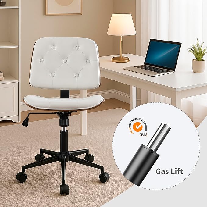 Small Home Office Chair – Adjustable Height, Armless PU Leather Mid-Back Desk Chair with Swivel Wheels, Walnut Finish, Perfect for Study or Bedroom, White