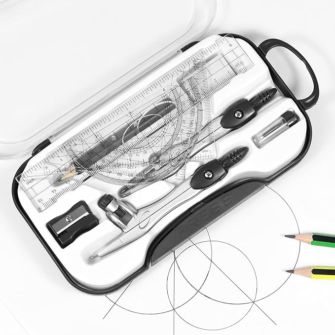 Math Geometry Kit Sets 10 Piece Student Supplies with Shatterproof Storage Box,Includes Rulers,Protractor,Compass,Eraser,Pencil Sharpener,Lead Refills,Pencil,for Drafting and Drawings(Black)