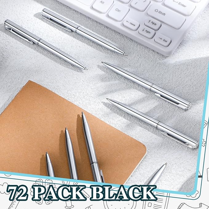 Teling 72 Pcs Small Ballpoint Pen Mini Pens Bulk 4 Inch Short Small Tiny Black Ink Ballpoint Writing Tool for Notebook Pockets Signature Notepads School Office(Silver,Classic Style)