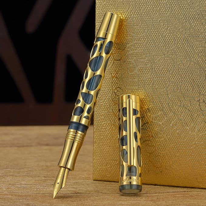 Asvine V169 Vacuum Filling Fountain Pen Fine Nib, Water Drop Skeleton Gold Trim Transparent Gray Blue Acrylic Pen Case Set