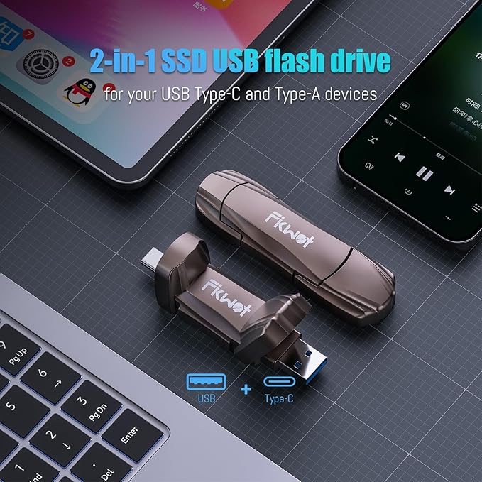 External SSD USB Flash Drive 256GB, Up to 2050MB/s 2-in-1 Type C+ USB A USB3.2 Gen2 Solid State Thumb Drive SSD Stick for iPhone 15/16/Android/Windows/Mac/PC/Laptops