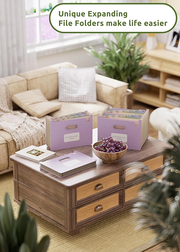Accordion File Organizer, 12 Pockets Wheat Straw Expanding File Folders, Upright&Open Top, Monthly Bill Receipt Organizer, 100% BPA Free,Return to Nature,Healthy Living, Letter/A4 Size-Lavender Purple