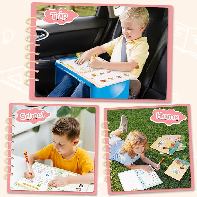 Large Size Grooved Writing Books for Kids Age 3-5 6-8, 8 Pack Magic Grooved Writing Practice Copybooks, Handwriting Prastice with Cute Fade-Resistant Pens, Workbooks Number Letter Tracing for Kids