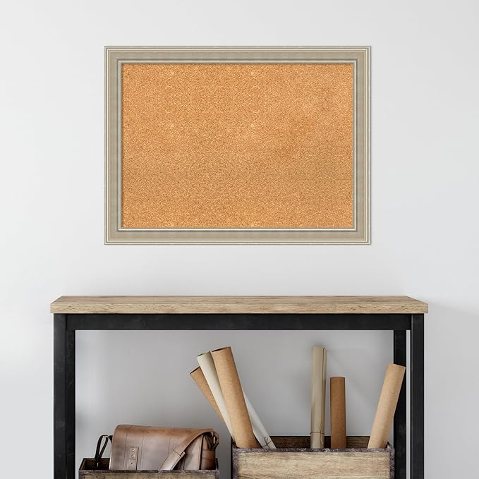 Amanti Art Natural Cork Board for Wall, 24x32 Vision Board with Silver Wood Frame, Medium Corkboard Office Decor for Home Organization, Modern Contemporary Corkboard Pinboard to display items for home