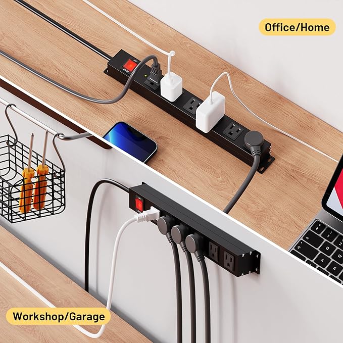 KF Matel 6 Outlet Power Strip Surge Protection 2100J, Heavy Duty Wide Space Power Strip with Flat Plug, 14AWG 6FT Extension Cord for Home, Garage, Shop