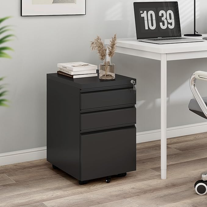 YITAHOME 3 Drawer File Cabinet with Lock, 20” Deep Office Vertical Files, Mobile Metal Filing Cabinet, Metal Vertical Filing Storage Cabinet for Letters/Legal/A4 Size,Black