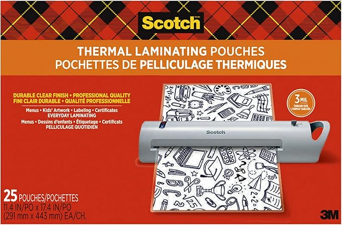 Scotch Thermal Laminating Pouches, Legal Size 11 x 17 Inches, 25 Pack Laminating Sheets, 3 Mil, Education Supplies & Craft Supplies, For Use With Thermal Laminators
