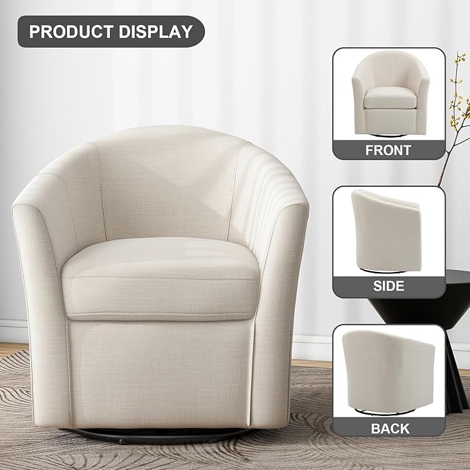 UIXE 360° Swivel Barrel Accent Chairs Set of 2, Modern Round Arm Chair Upholstered Club Armchair, Single Sofa Seating in Fabric for Living Room, Bedroom (Beige)