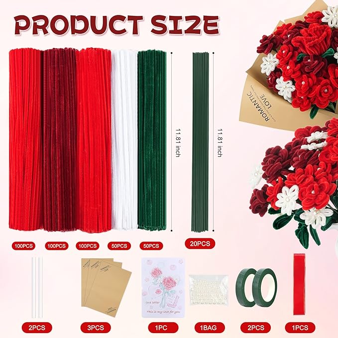 400 Pcs Red Pipe Cleaners for Crafts, 4 Colors Chenille Stems Bulk with Floral Wires, Gardening Tape,Hot Glue StickïŒGreeting Card,Bouquet Paper, Pearl & Ribbon, Flowers Craft kit for Christmas