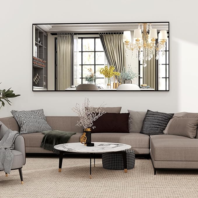 34"x76" Full Length Mirror with Stand, Large Rectangular Floor Mirror for Bedroom, Living Room or Closet, Wall-Mounted or Freestanding, Black Aluminum Alloy Frame