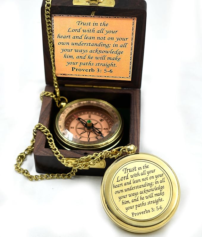 Trust in The Lord With All Your Heart - Proverbs 3:5-6 Quote Engraved Compass With Wooden Box, Greeting Card, Gift Compass, Graduation Day Gifts 2024 for Women Men Boys Girls