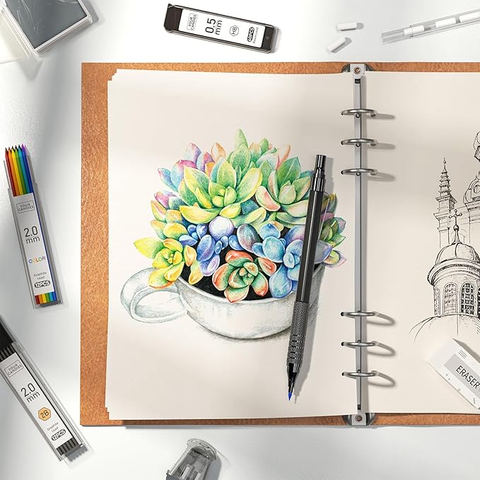 Four Candies Metal Mechanical Pencil Set, 3PCS Art Drafting Pencils 0.5, 0.7, 0.9MM & 2PCS 2MM Mechanical Drawing Pencils with 420PCS Leads (4B 2B HB 2H Color) for Writing Sketching Drawing (Black)