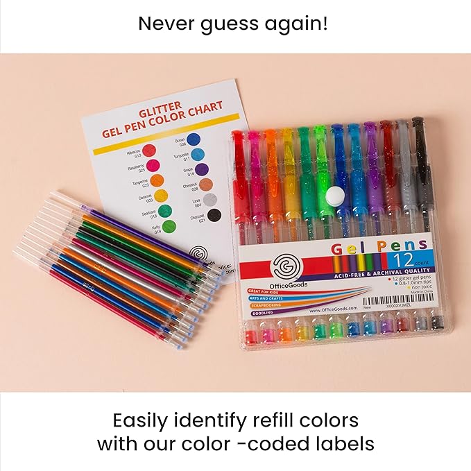 OfficeGoods Yellow Orange Red Gel Pens with Refills – Neon Journaling Art – Medium 0.8-1.0mm Tips – Non-Toxic Gel Pens Set – Quick Dry Smudge-Free 24 Pack Colors