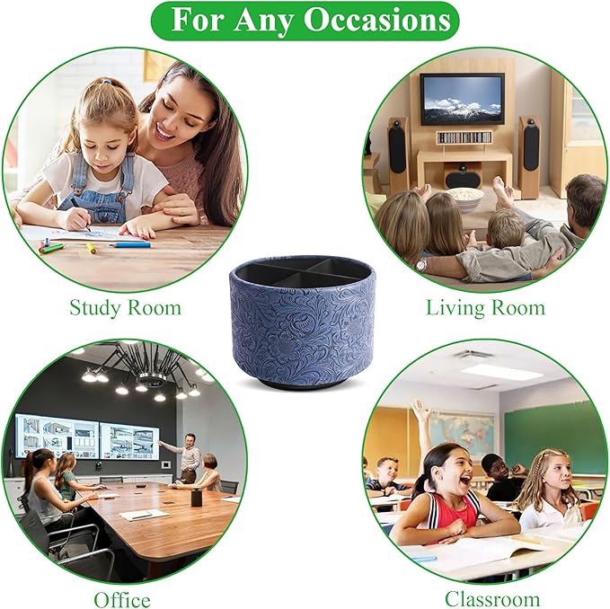 lizimandu Round Leather Art Supply Organizer,Remote Control Holder,360 Degree Spinning,Multi-Functional Pencil Holder,4 Compartments Desktop Stationary Organizer(1-Carved Dark Blue)