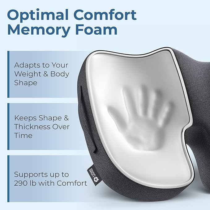 5 STARS UNITED Seat Cushion for Tailbone Pain Relief ā Large Memory Foam Lifting Pillow for Coccyx, Hip, Sciatica & Post-Surgery Recovery ā Wheelchair, Car, Desk, Gaming & Office Chairs, Black