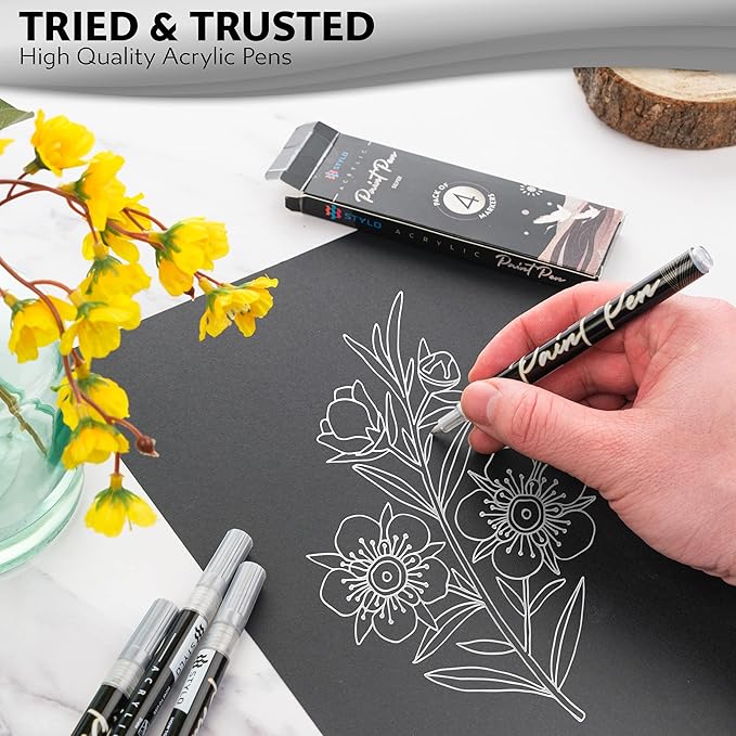 Stylo 8 Count Acrylic Metallic Pens - Silver Paint Pens - Fine Tip Permanent Acrylic Metallic Paint Markers for Rock Painting, Glass, Wood, Ideal for Arts and Crafts (Pack of 8, Silver)