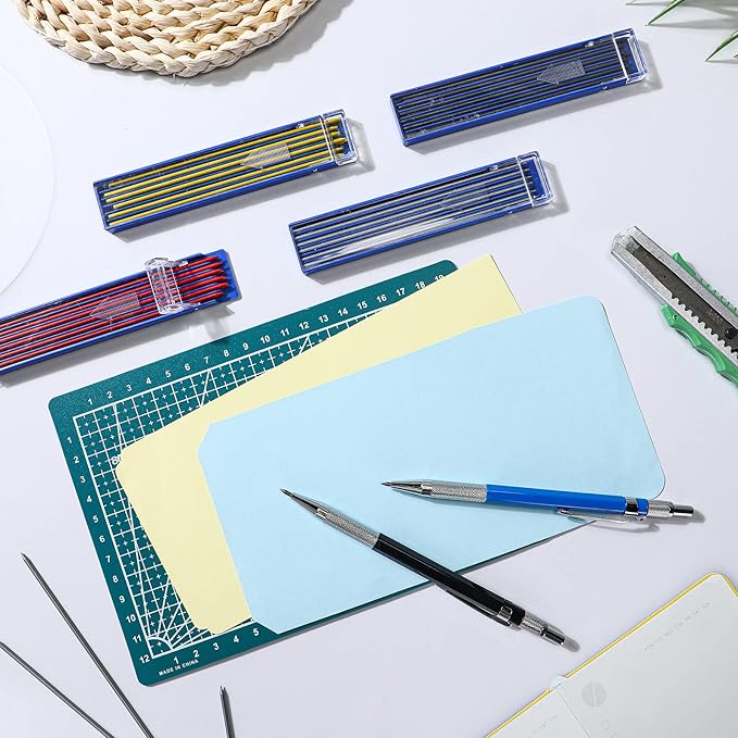 Nezyo 12 Pieces Welder Pencil with 108 Pieces Round Refills Mechanical Metal Pencil Marker with Built in Sharpener Pen for Construction Workers, Metal Work, Plumbers, Framers