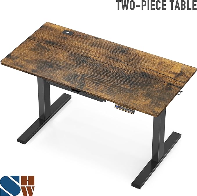 SHW 48-Inch Electric Height Adjustable Standing Desk with Drawer, Memory Preset and Cable Management Tray, Rustic Brown