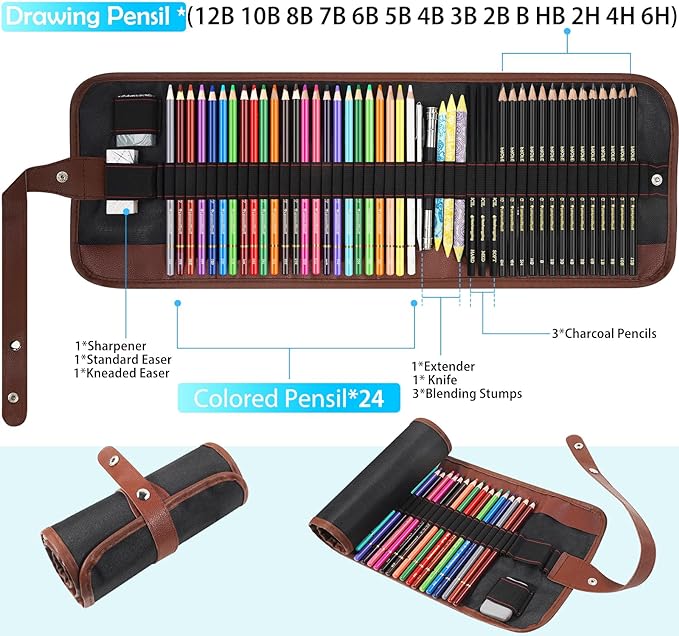 Sketch & Drawing Art Pencil Kit 52 Piece Set, 24 Color Pencil for Coloring Books, Pencil of Graphite & charcoal, 3-color Sketchbook, coloring book Etc, Art Supply Ideal for Adult Student Beginner Teen