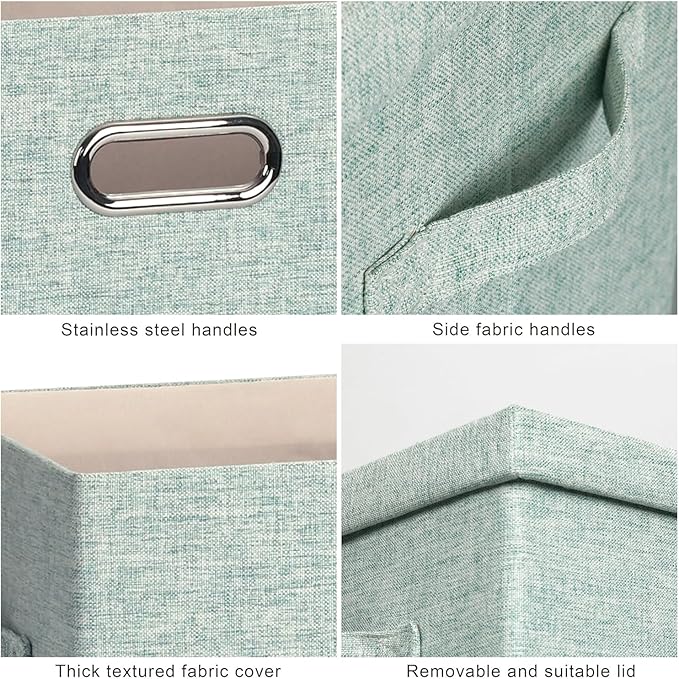 Large 17" 36 Quart Collapsible Stackable Storage Bins with Lids, 3 Packs Light Green Linen Fabric Closet Boxes with Lids, Storage Cube Baskets Container Organizers for Office (17x12x11)