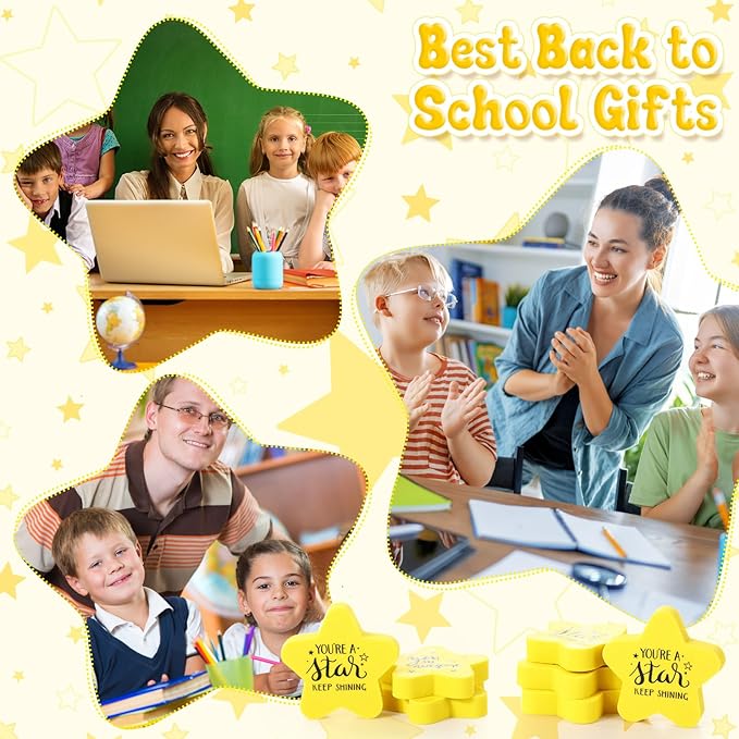 Spakon 25 Pcs Inspirational Star Erasers for Kids Bulk Cute Back to School Erasers 1.57" Fun Eraser for Classroom Prize You're A Star Yellow Motivational Gift for School Student Rewards