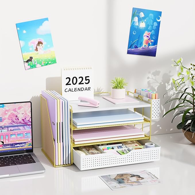 Wood Desk Organizers and Accessories with File Holder, 4-Tier Desk Accessories & Workspace Organizers with Drawer and Pen Holder, Paper Organizer for Office Supplies (Gold)