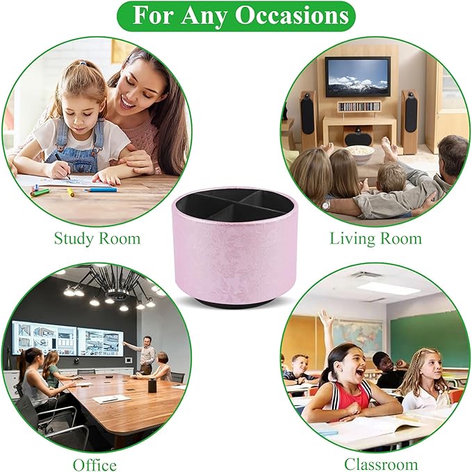 lizimandu Round Leather Art Supply Organizer,Remote Control Holder,360 Degree Spinning,Multi-Functional Pencil Holder,4 Compartments Desktop Stationary Organizer(1-Liuli Pink)