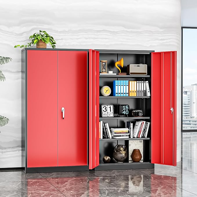 INTERGREAT Garage Storage Cabinet with Lockable Door, 72" H Metal Locking Cabinets with 4 Adjustable Shelves,Black Red Steel Cabinets Storage for Home Office, Warehouse,School