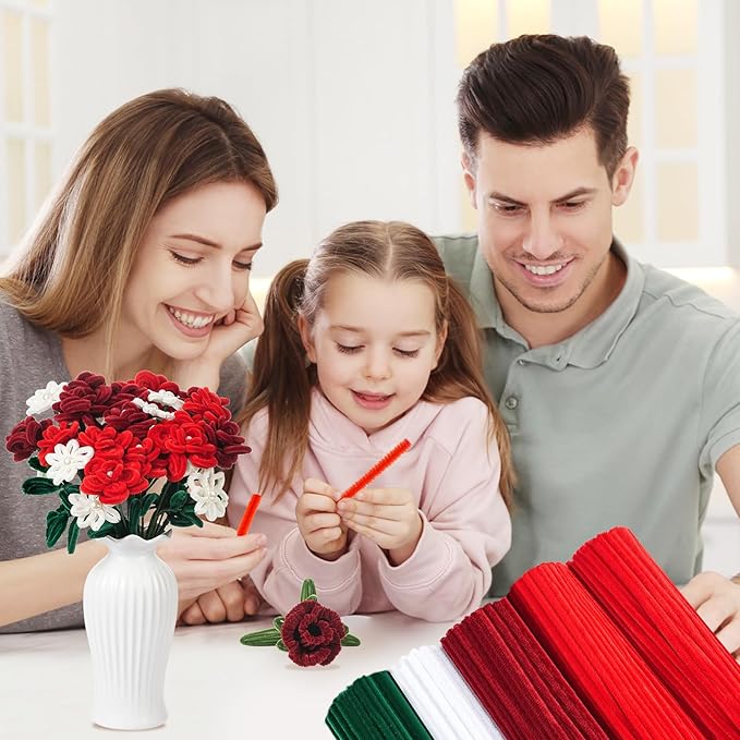 400 Pcs Red Pipe Cleaners for Crafts, 4 Colors Chenille Stems Bulk with Floral Wires, Gardening Tape,Hot Glue StickïŒGreeting Card,Bouquet Paper, Pearl & Ribbon, Flowers Craft kit for Christmas