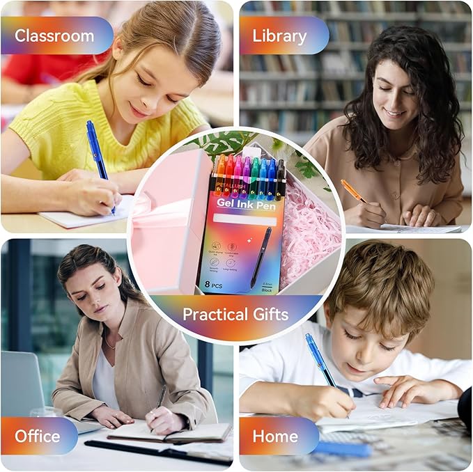 Gel Pens, 8 Pcs 0.5mm Black Ink Fine Point Smooth Writing Pens with 8 Refills, Quick Dry, Retractable Gel Ink Pens, Fun Pens for Teacher, Office, School, Gifts for Women and Men