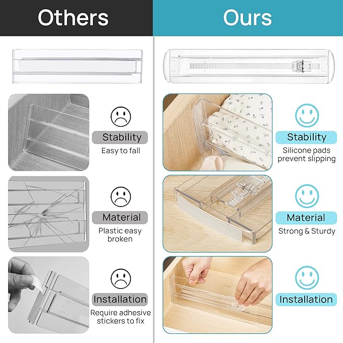 Vtopmart 4 Pack Drawer Dividers for Clothes, 4" High 10.2"-16.6" Adjustable Expandable Dresser Drawer Organizer, Clear Plastic Separators for Dresser, Baby Clothing, Underwear, Cosmetic, Toiletries