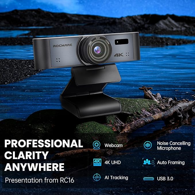 ROCWARE 4K Webcam with Remote, RC16 Computer Camera with Microphone,1080p 60fps FHD,AI Tracking,Privacy Cover, WDR,110°FOV,8X Digital Zoom,Streaming Camera for PC/Meeting/Teaching/Zoom