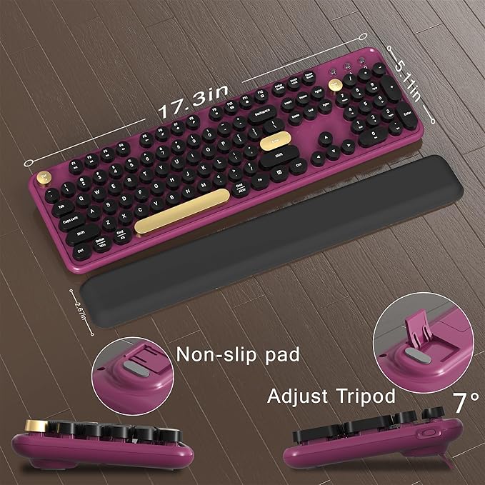 Colorful Wireless Computer Keyboard and Mouse Combo with Round Typewriter Keycaps, Retro Design, Power Switch, Ergonomic Design, 2.4GHz Wireless for Windows, Mac, PC(Black-Claret)