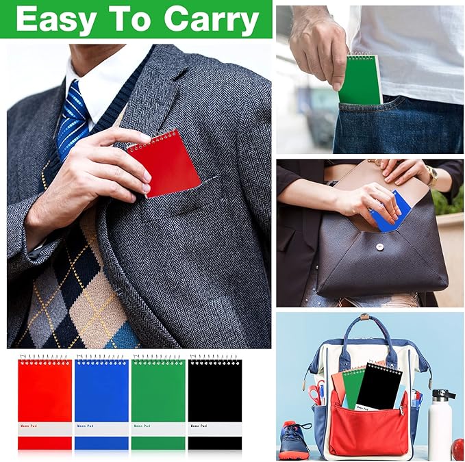 Thenshop 200 Pads Spiral Memo Bulk 3'' x 5'' Top Bound Memo Book 60 Sheets Small Mini Notebooks Lined Wire Bound Pocket Steno Book for Home, Office, School (Black,Green,Dark Blue,Red)