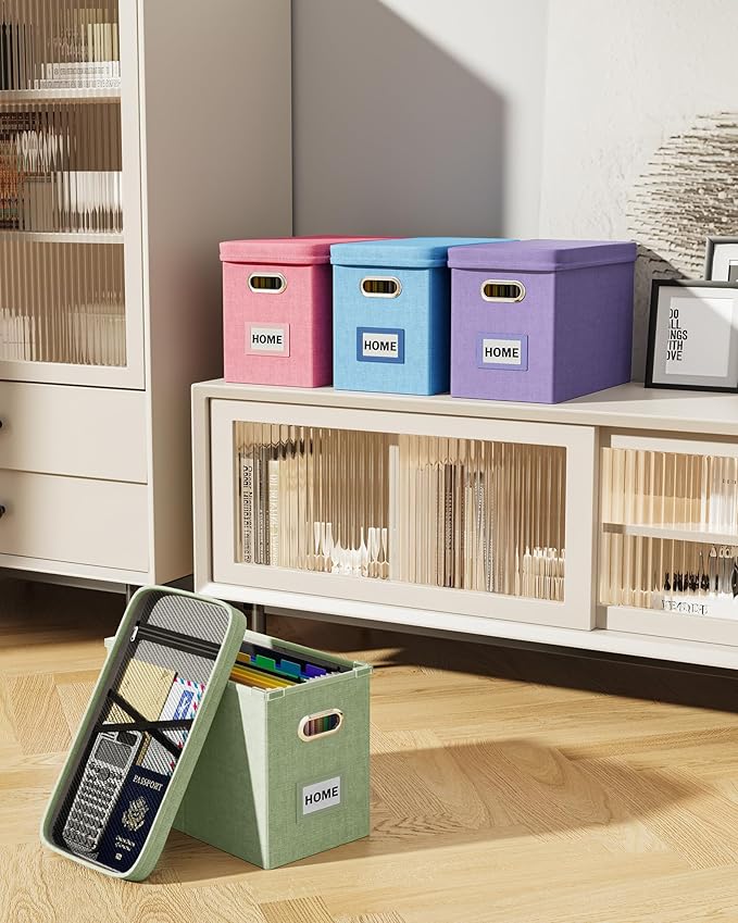 Oterri File Organizer Box with Lid, Hanging Filing File Box with Mesh Pocket, Document Organizer Box for Letter Files, Portable Storage Box with Smooth Sliding Rail for Office&Home (1 PCS, Pink)