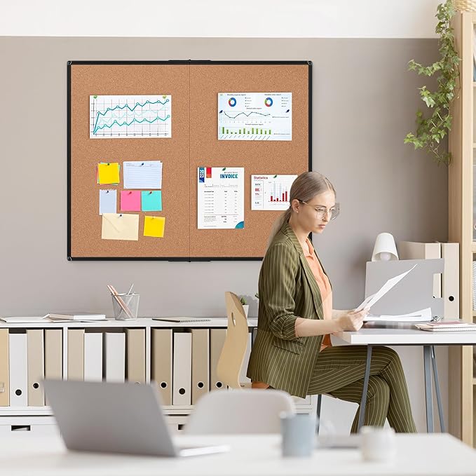 Board2by Extra Large Cork Bulletin Board 48" X 48", Foldable Notice Pin Board for Wall, Black Aluminum Framed 4'x4' Corkboard, Wall Mounted Noticeboard with 36 Push Pins for School, Home & Office