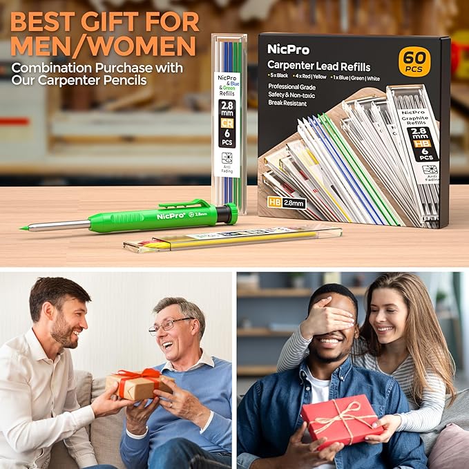 Nicpro 60 PCS Carpenter Pencil Lead Refills 2.8mm, Lead for Carpenter Mechanical Pencil, Break Resistant 2.8 mm Lead for Construction Pencil, Woodworking Pencil (Black, Red, Yellow, Green, Blue,White)