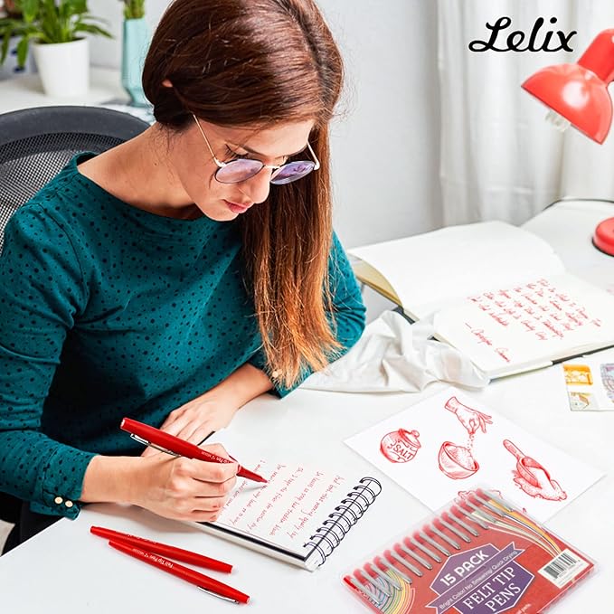 Lelix Felt Tip Pens, 30 Red Pack, 0.7mm Medium Point, Felt Tip Markers Pens for Journaling, Writing, Note Taking, Planner, Perfect for School Office and Art Supplies