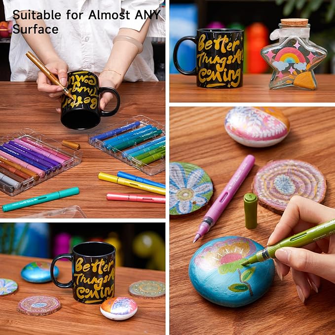 Automatic Ink Control Acrylic Paint Markers, Shuttle Art 24 Metallic Colors Brush Tip Acrylic Paint Pens for Rock Painting, Ceramic, Wood, Canvas, Glass, Stone, Fabric, Card Making, DIY & Art Supplies
