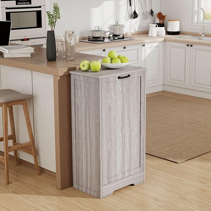 Tilt Out Trash Can Cabinet, Wooden Dog Proof Trash Can Cabinet Laundry Hamper, Hidden Large Recycling Bins for Kitchen, Living Room, Bathroom, Wash Grey