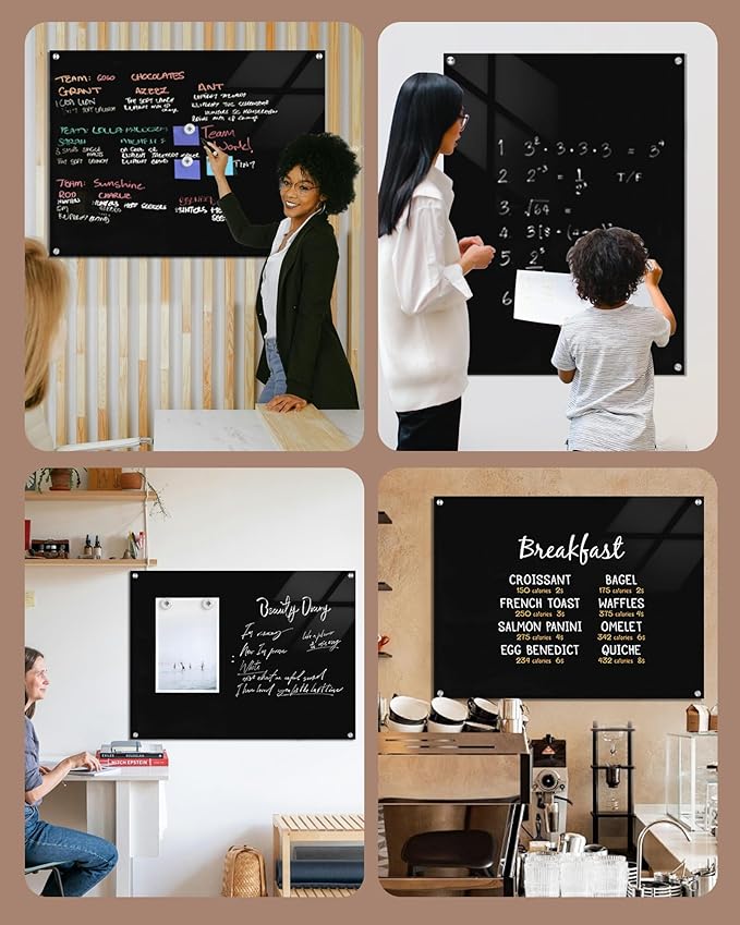 Magnetic Glass Whiteboard,48"x36" Wall Mounted Frameless Dry Erase Board for Office, Home & School Black