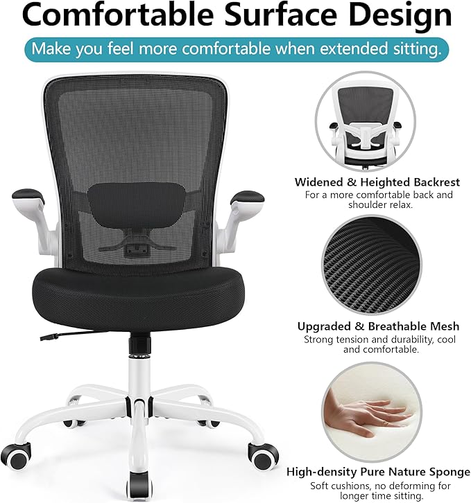 FelixKing Office Chair, Ergonomic Desk Chair Breathable Mesh Chairs with Adjustable High Back Lumbar Support Flip-up Armrests, Executive Swivel Comfy Task Computer Chairs for Home Office White